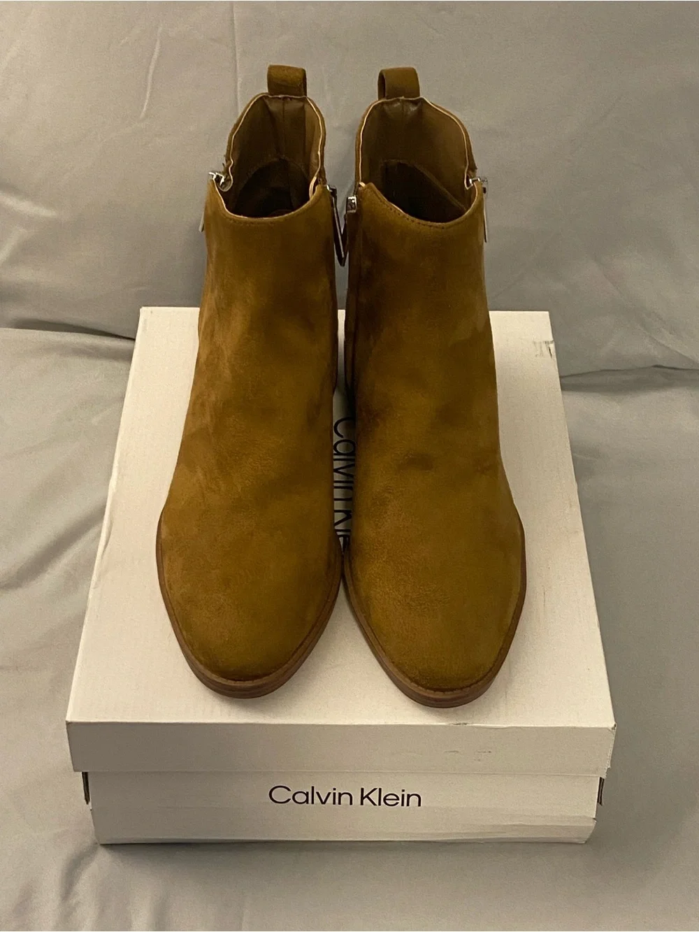 Calvin Klein Mustard Tan Suede Ankle Booties with Metallic Heel Accent